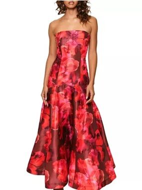 Hutch Maria Strapless Red Floral Evening Gown